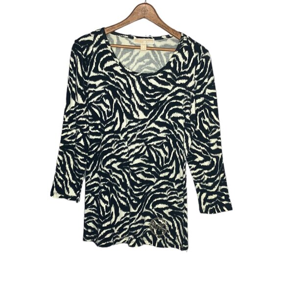 Michael Kors Small S Black Zebra Print Scoop Neck Rhinestone Logo Stretch Top - Picture 1 of 3